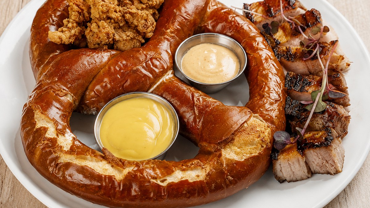 Golden Boot pretzel platter with pork belly and dipping sauces