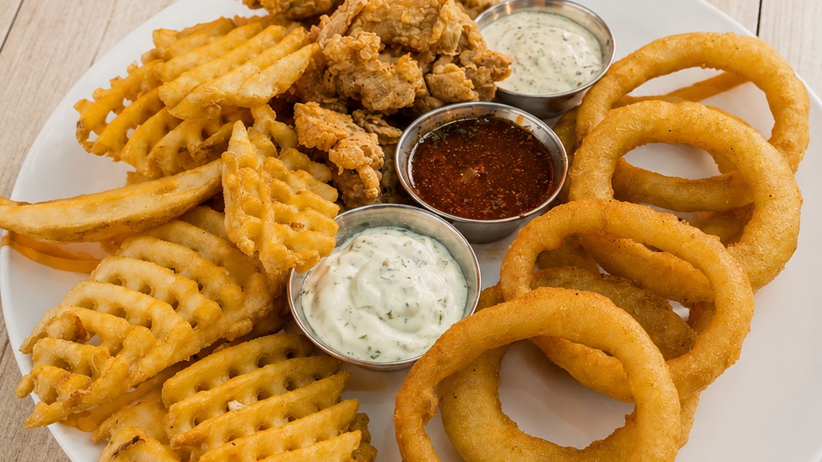 Veggie Hattrick platter with onion rings, fried mushrooms, waffle fries, and dipping sauces